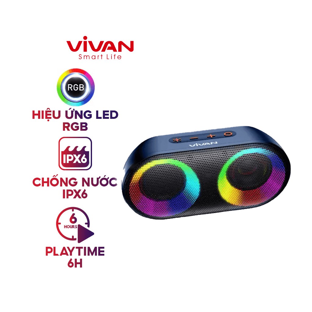 Loa Bluetooth ViVan VS16 10W Pin 1500mAh Chống Nước IPX6 Hiệu Ứng Đèn Đèn Led RGB