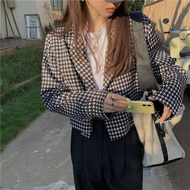 Women's suit jacket Korean version of the houndstooth design niche small fragrance style is thin temperament autumn small suit short style | BigBuy360 - bigbuy360.vn