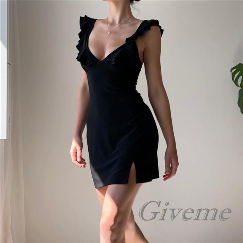 Đầm Mini Không Tay Cổ Chữ V Xẻ Sâu Màu Trơn Thời Trang Mùa Hè Cho Nữ