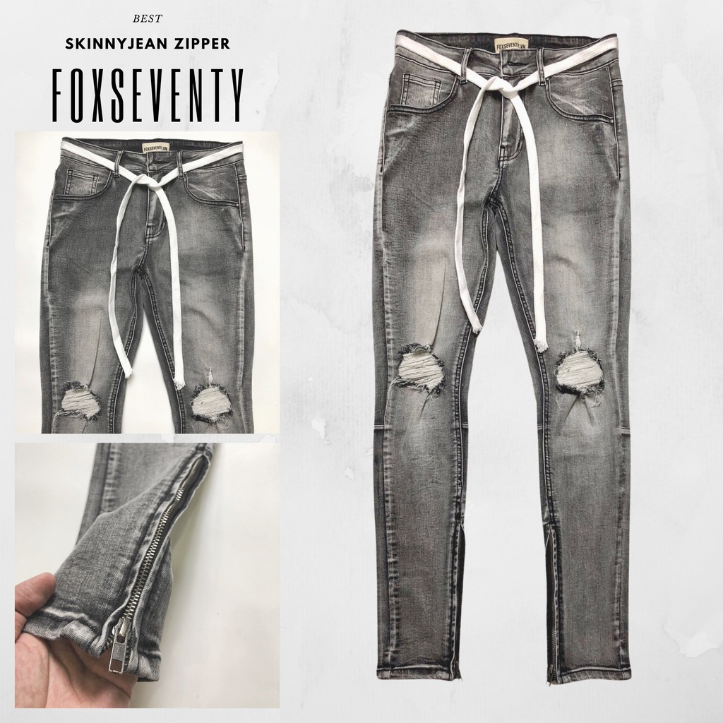 Quần jean rách gối zipper Foxseventy chất jean co dãn có khóa ống đẹp dày dặn