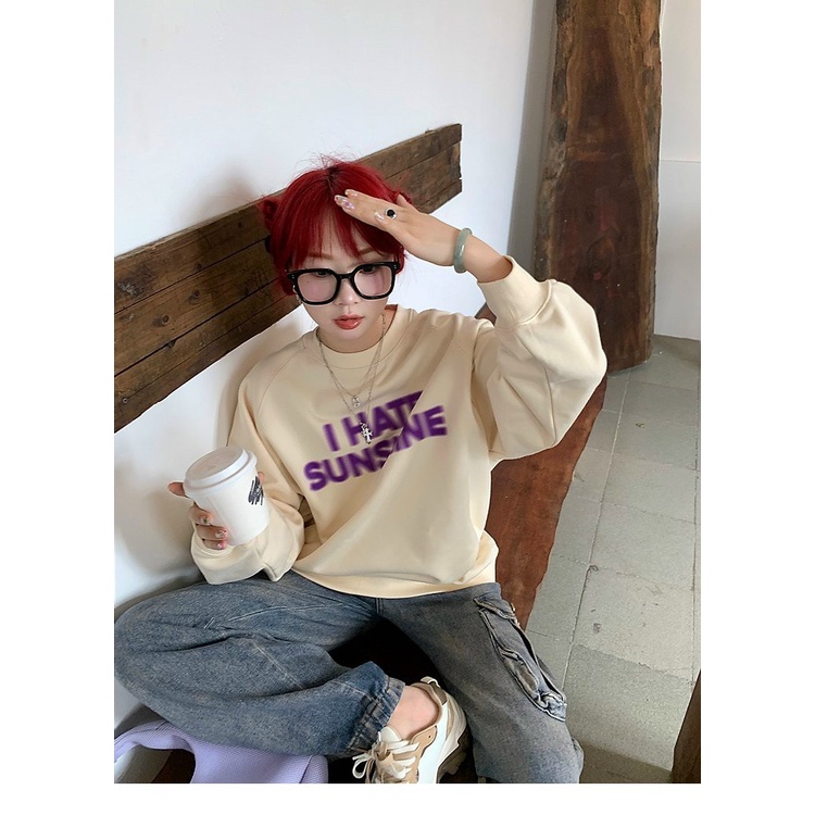 Áo Sweater Tay Bồng Chữ Sun Dáng Rộng Nam Nữ Unisex Cổ Tròn Basic Chất Nỉ Lì