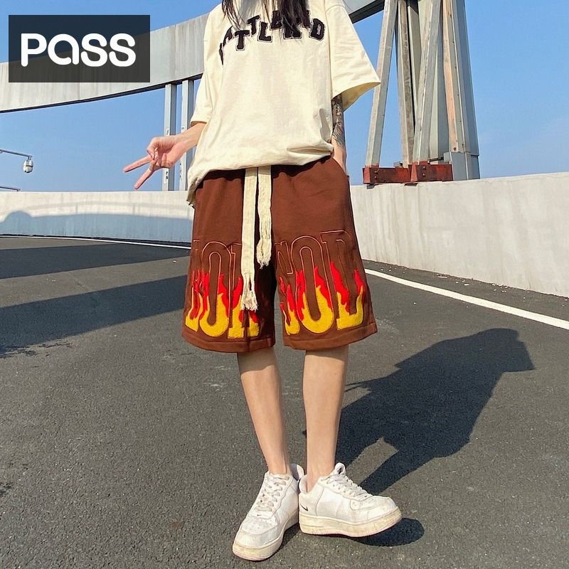 Quần Short Cotton Dáng Rộng In Chữ Và Ngọn Lửa Phong Cách Retro Mỹ Cao Cấp