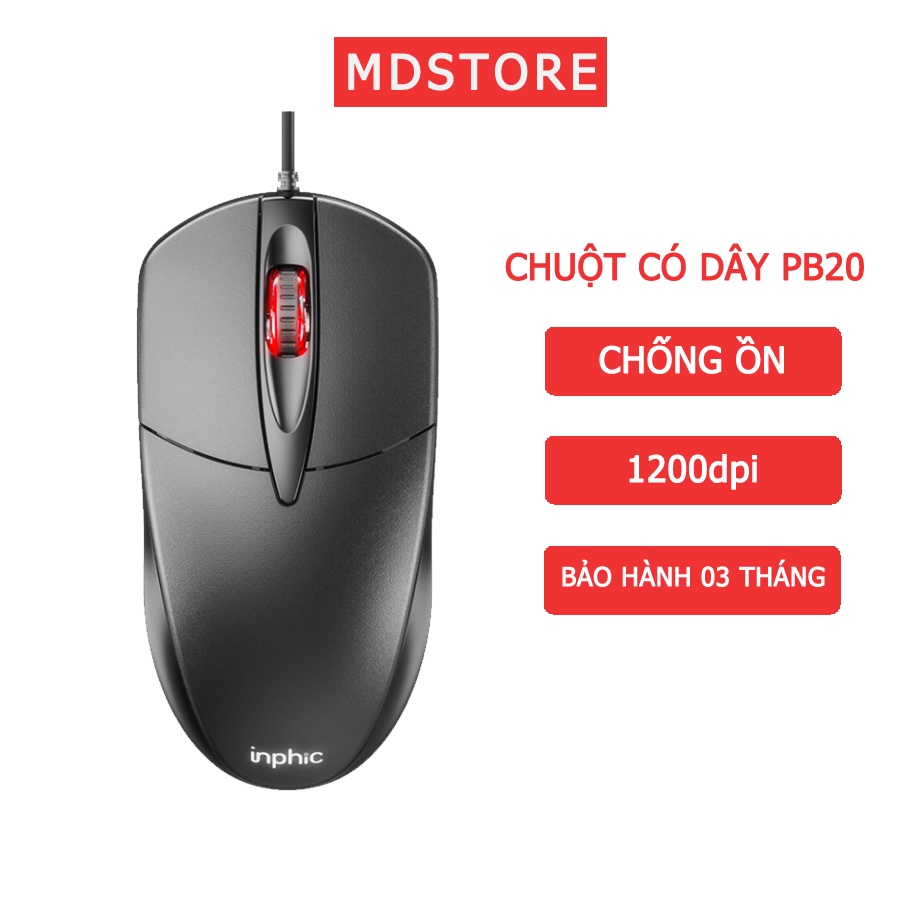 Chuột có dây chính hãng MD Inphic PB20, chống ồn bấm cực êm, dùng văn phòng chơi game, bảo hành 03 tháng