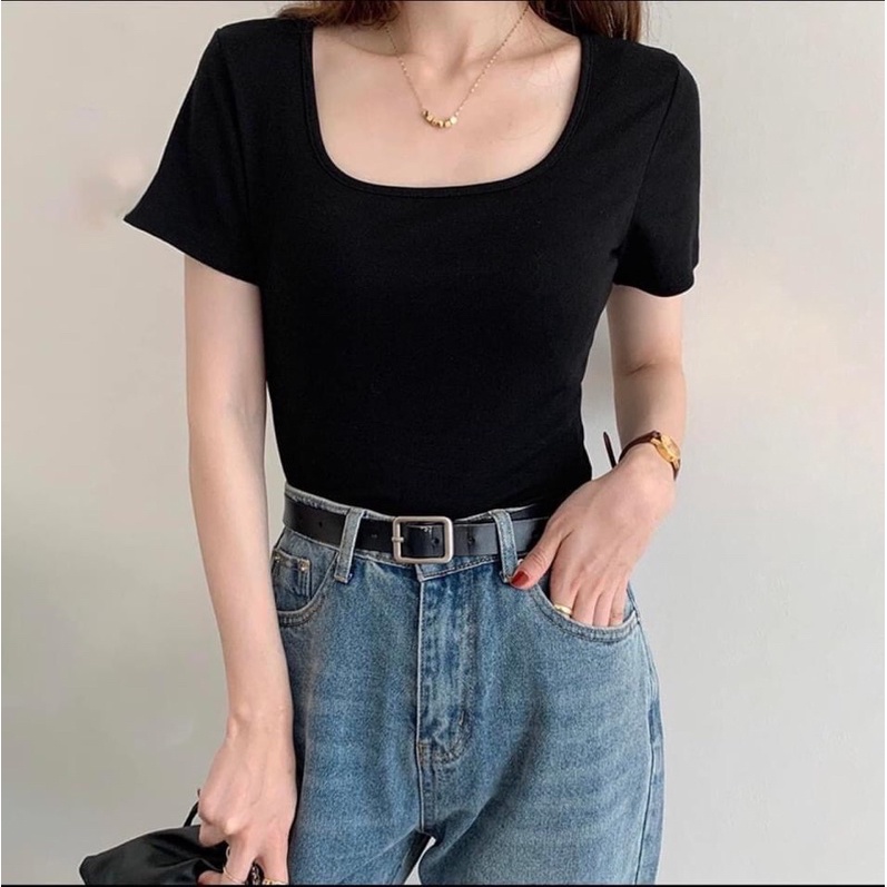 Áo phông nữ cổ vuông, hàng xuất dư, chất cotton bozip, dễ phối đồ