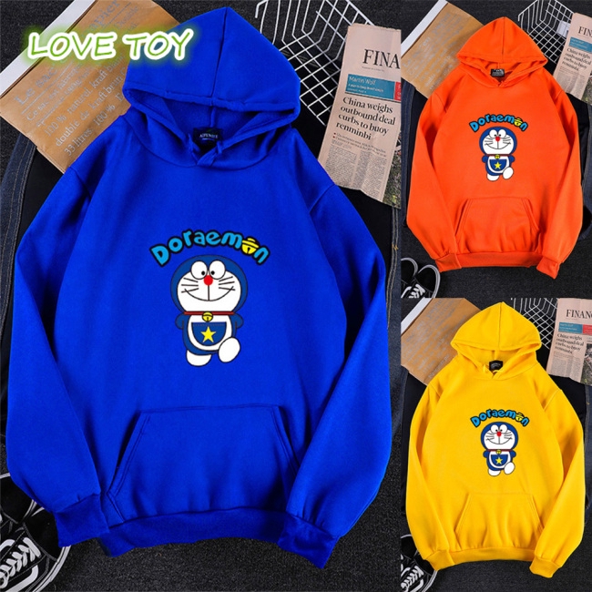 Áo nỉ thu đông dáng rộng dày dặn có mũ trùm đầu in hình Doraemon thời trang cho nam và nữ