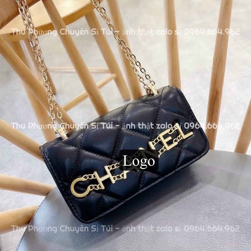 Túi Đeo Chéo, Túi Đeo Vai Trần Ô Logo Xích Phối Chữ Vàng, Chất Da Bóng Mịn Để Vừa Điện Thoại (ảnh thật ở đầu)