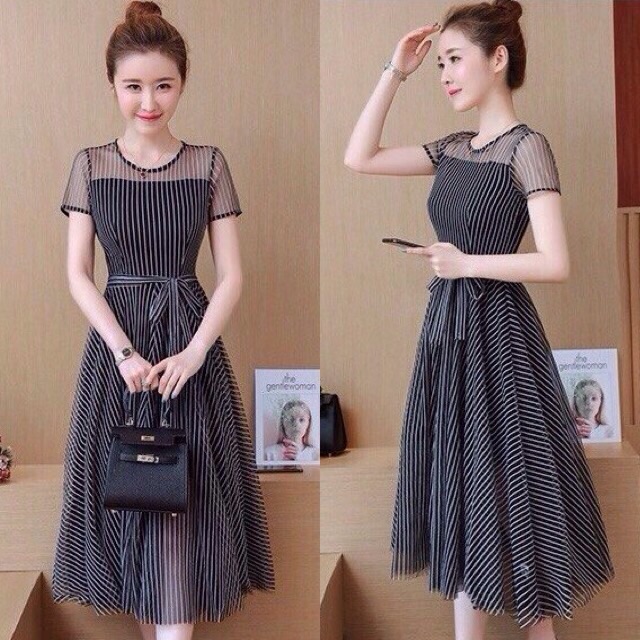 🍒Đầm voan sọc xoè thắt nơ eo _ kèm hình sp thật
