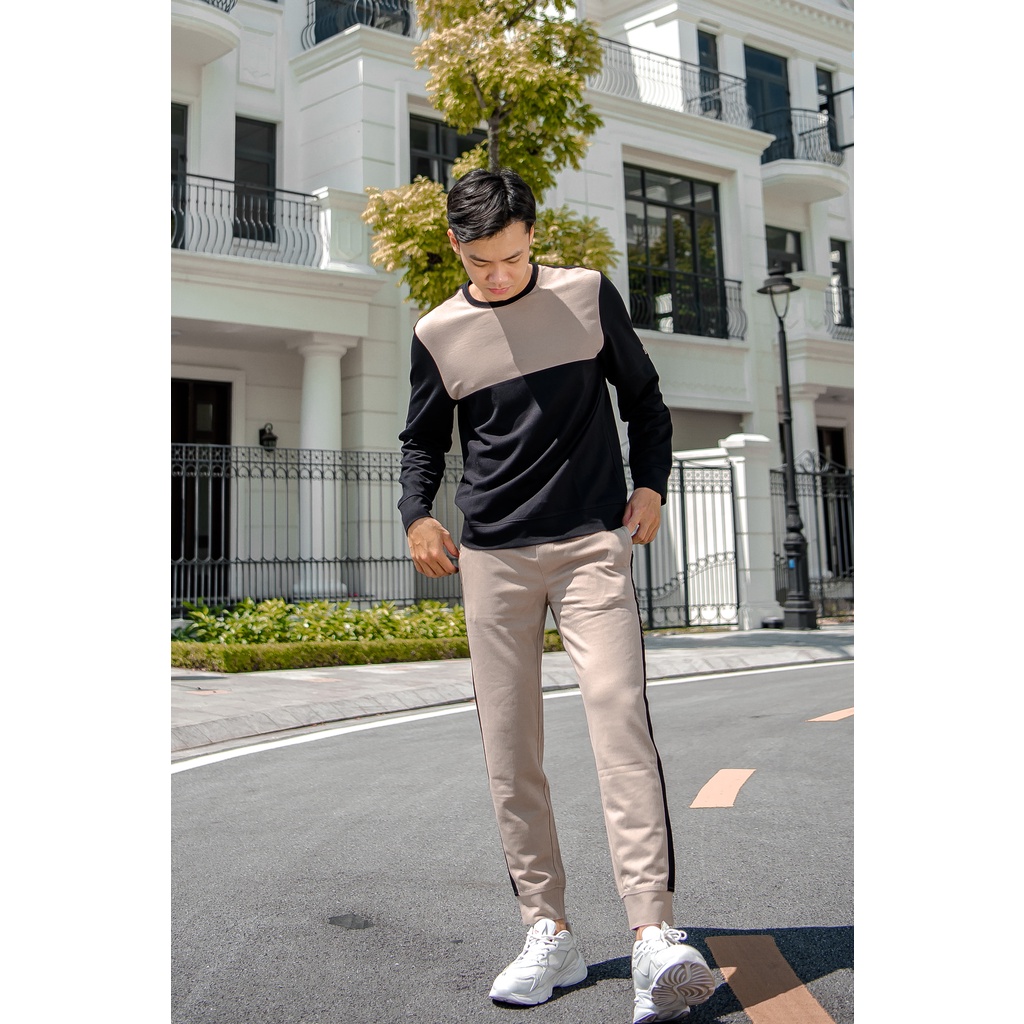 Quần jogger thể thao nam CIZA phối sọc in chữ dáng rộng cao cấp trẻ trung size S M L XL màu be SQGDR10