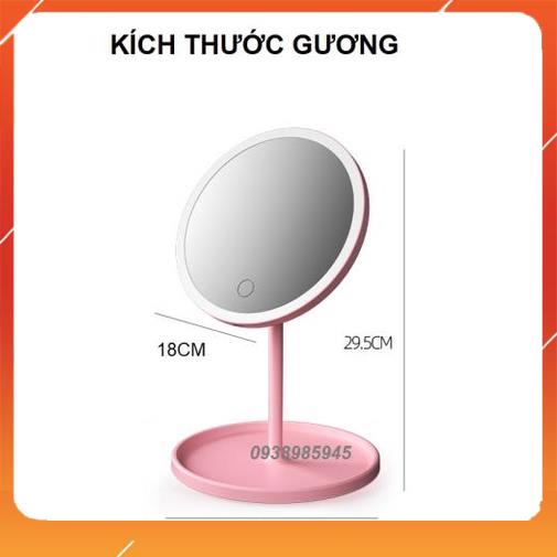 [CHÍNH HÃNG] Gương Trang Điểm Có Đèn Led Cảm Ứng 3 Chế Độ Ánh Sáng - Gương MakeUp Tròn Màu Hồng Phấn