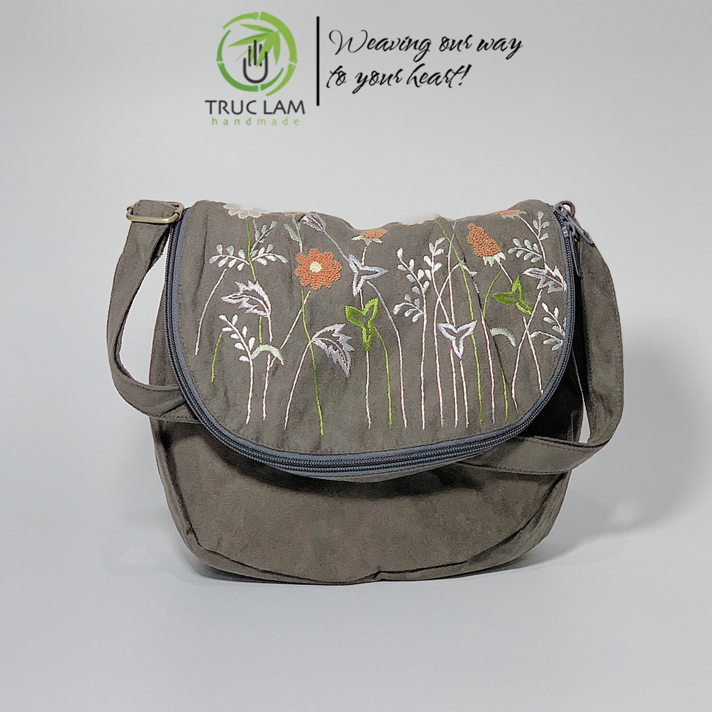 Túi Đeo Chéo Thời Trang Nữ Vải Da Lộn Thêu Tay Họa Tiết Cành Hoa (D) - Trúc Lâm Handmade