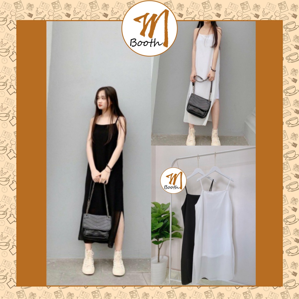 M Booth - Váy Đầm Xẻ 2 Dây Freesize Chất Voan - Trắng/Đen - MQ009
