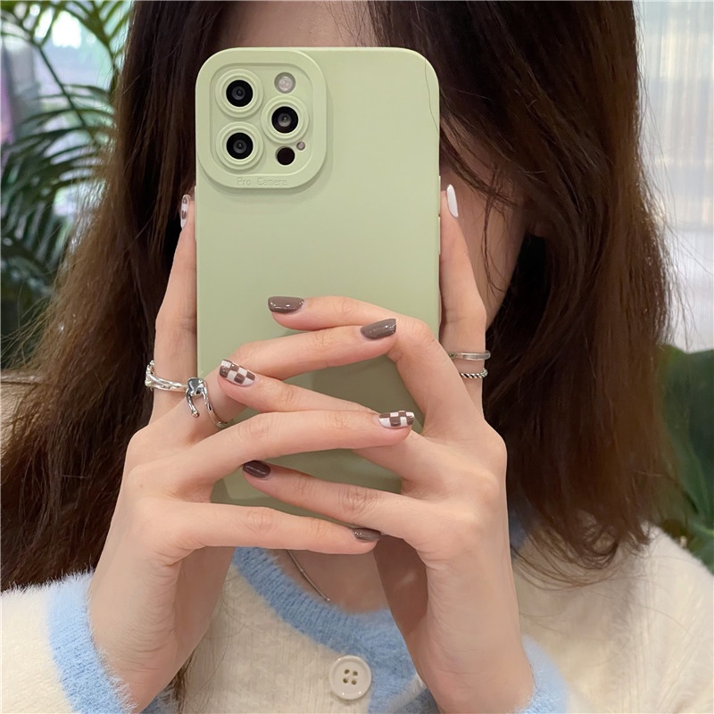 Ốp điện thoại TPU mềm bảo vệ camera màu xanh dương/xanh lá đơn giản thời trang cho IPhone 13 12 11 Pro Max XR 8 7 Plus
