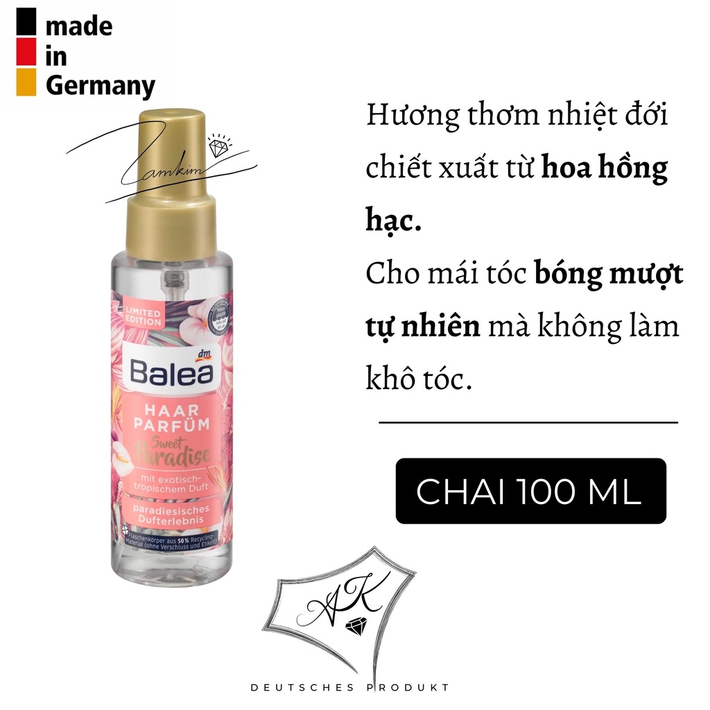 Nước hoa xịt tóc, khử mùi, dưỡng ẩm Balea - 100ml