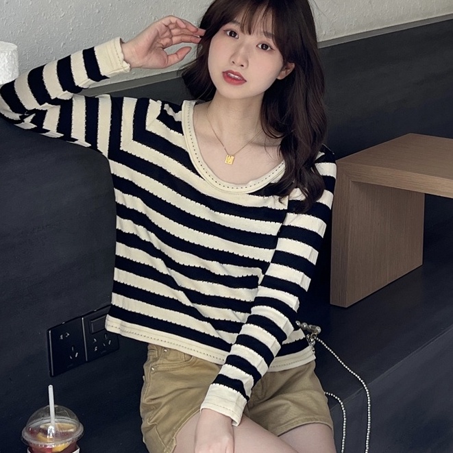 Áo Thun Dệt Kim Tay Dài Cổ Tròn Dáng Rộng Họa Tiết Kẻ Sọc Thời Trang Cho Nữ