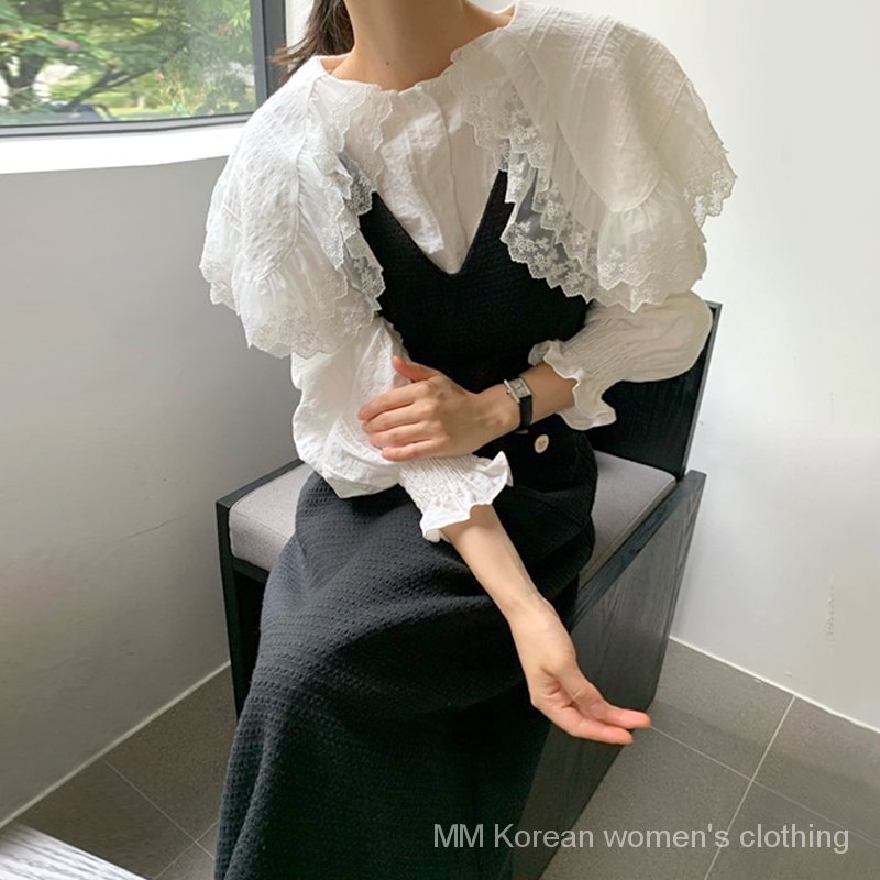 Bộ áo sơ mi cổ bẻ + đầm yếm vải tweed phong cách Hàn Quốc