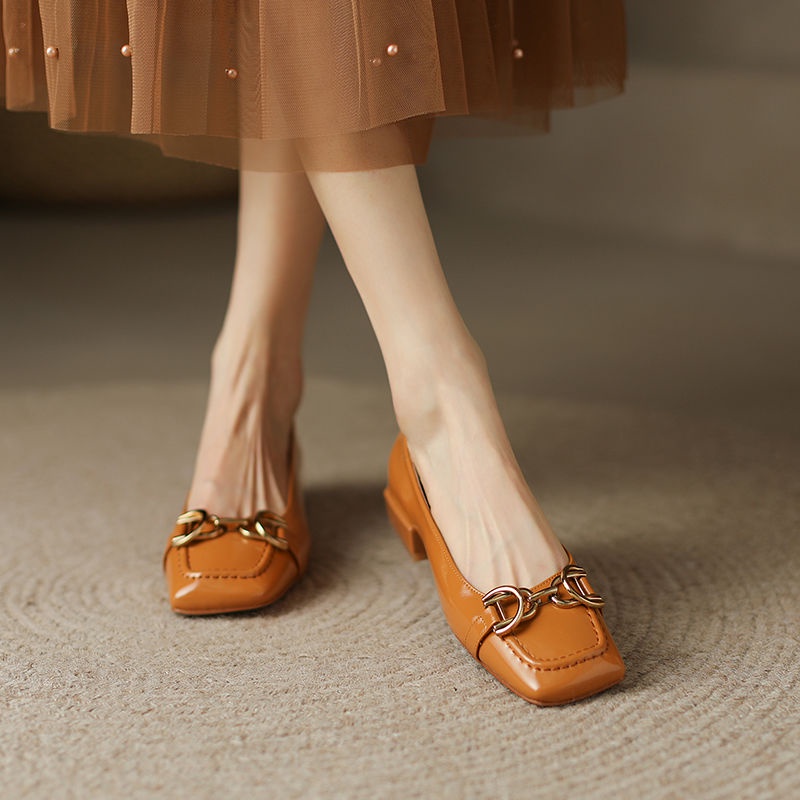 Siêu Đẹp ~ Da Cừu Mềm!Giày Búp Bê Đế Mềm Thấp Mũi Vuông Màu Bí Ngô Phong Cách Mới 2022 Cho Nữ