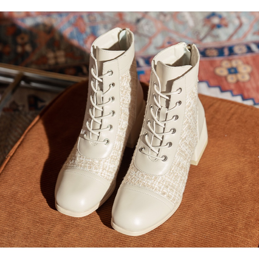 Boot Nữ Giày Bốt Kẻ Caro Cổ Cao Cao Gót 5 Phân Phong Cách Anh quốc