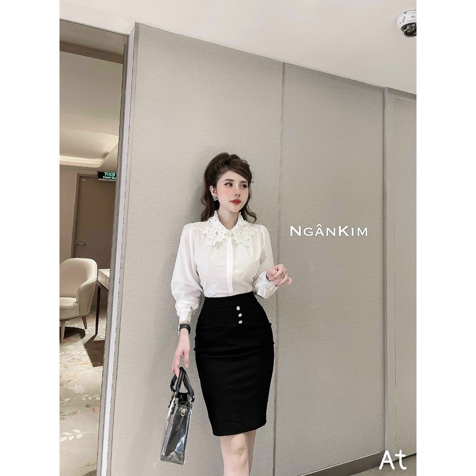 Áo Sơ Mi Nữ Dài Tay Cổ Ren Đính Ngọc, Áo Somi Tiểu Thư Màu Trắng Cổ Ren Siêu XInh