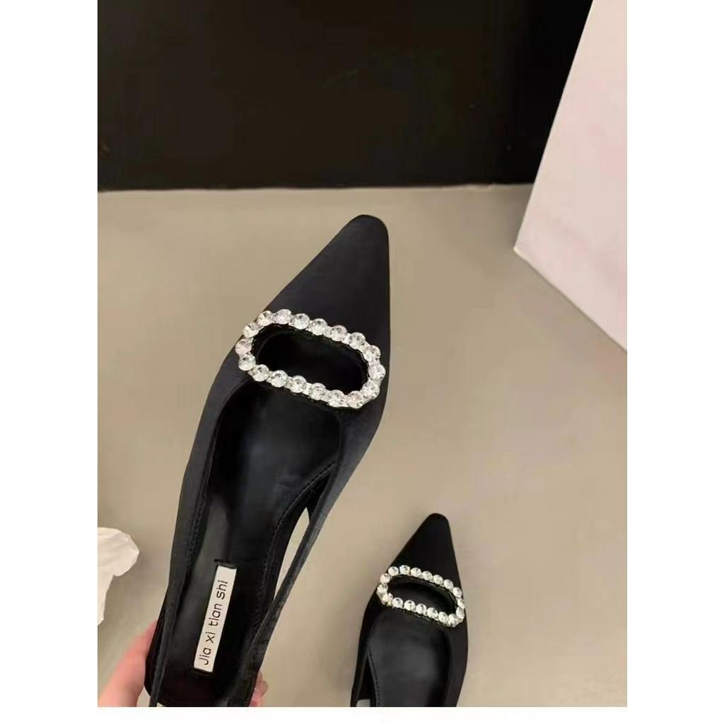 Sandal Cao Gót Mũi Nhọn Màu Đen / Bạc Thời Trang Mùa Hè 2023 Dành Cho Nữ