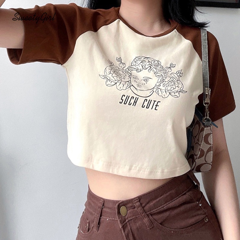 Áo Croptop Tay Ngắn Cổ Tròn Màu Sắc Tương Phản In Họa Tiết Thiên Thần Độc Đáo Thời Trang Cho Nữ