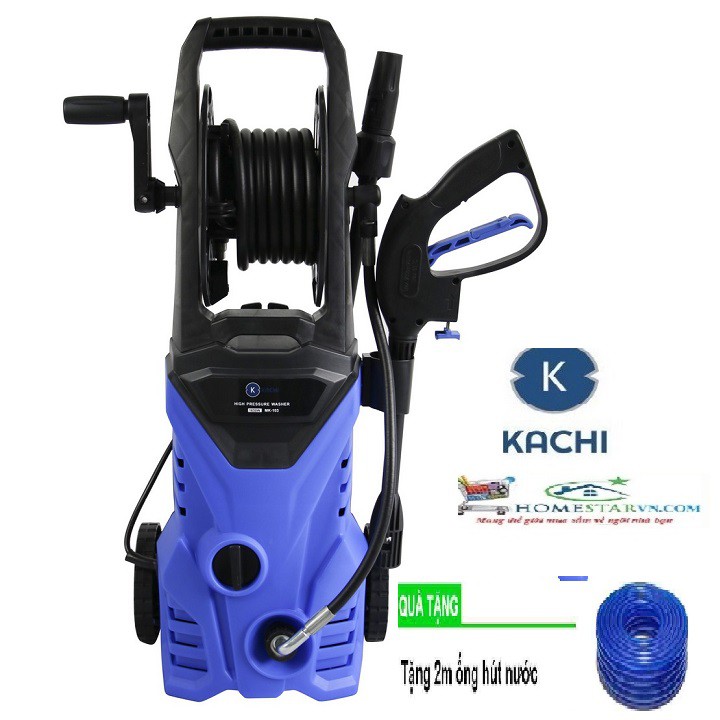 Máy xịt rửa xe cao áp Kachi 104 1650W Có trục cuốn dây + Tặng 2m ống hút nước đầu vào