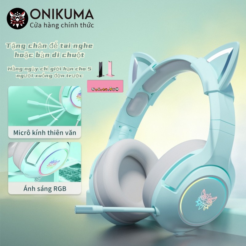 ONIKUMA K9 Tai nghe chơi game có mic tai mèo hồng tay nghe gaming dễ thương Tai và chống ồn cho điện thoại PC/PS4 Laptop