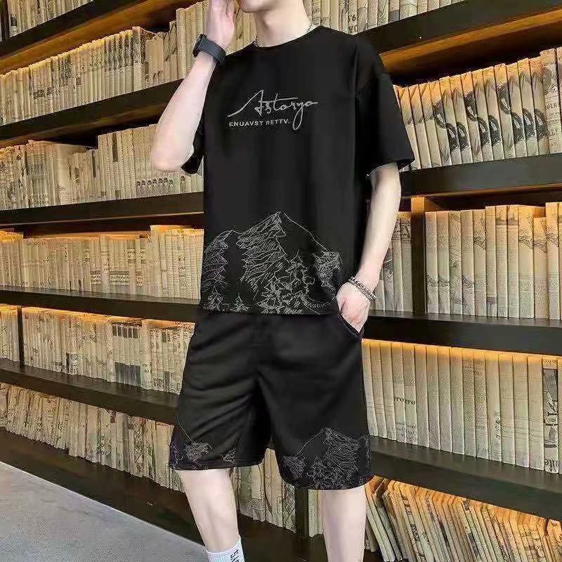 Bộ Đồ Thể Thao Áo Thun Cổ Thuyền Dáng Rộng In Họa Tiết Kiểu Hip-Hop Đường Phố Hàn Quốc Thời Trang Mùa Hè Cho Nam Cỡ M-5XL