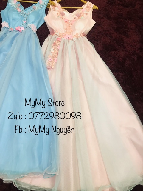 Đầm maxi dự tiệc mặc cưới kết hoa nổi phối màu lưới TRIPBLE T DRESS - size M/L kèm ảnh/video thật) MS144V