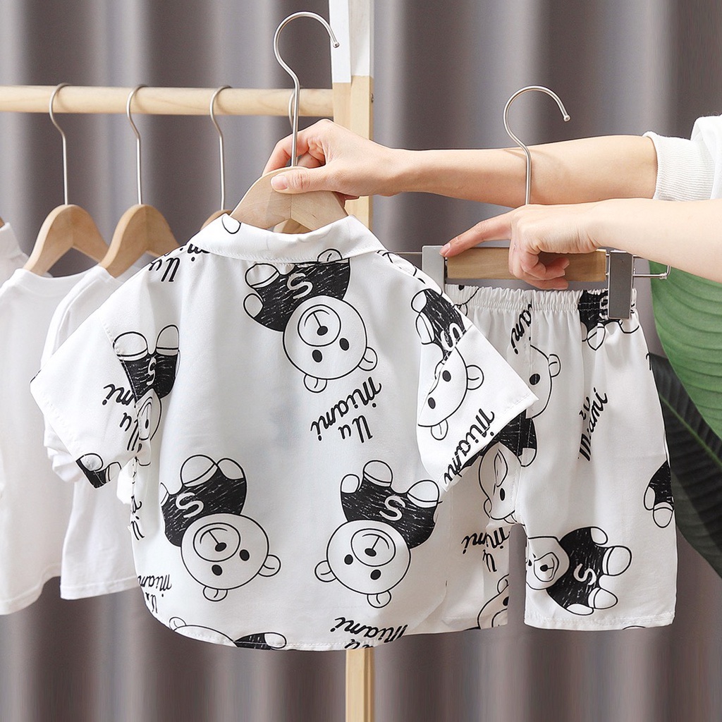 Set Áo Sơ Mi Gấu Ngắn Tay Cổ Bẻ + Quần Short Lưng Thun Thời Trang Hàn Quốc Cho Bé Trai 7-28kg - SUMO KIDS
