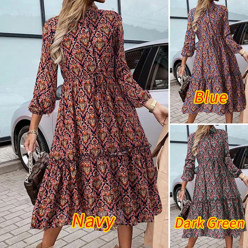 Đầm chữ a ZANZEA tay dài cổ bẻ lưng cao in họa tiết hoa thiết kế rút dây vòng eo thời trang thanh lịch cho nữ