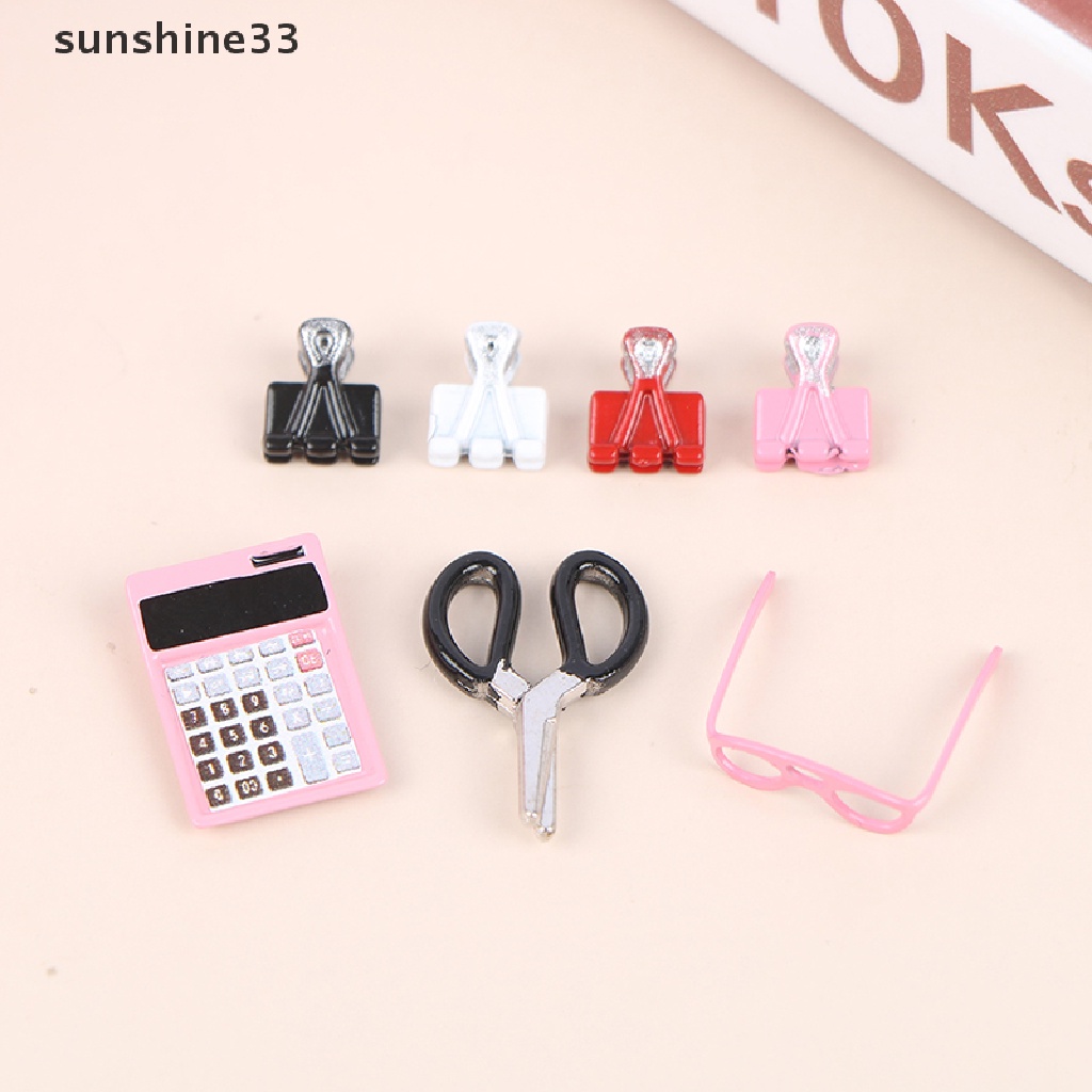 SU 1:12 Dollhouse Miniature Caculator Clamp Scissors Glasses Studying Set Decor Toy n