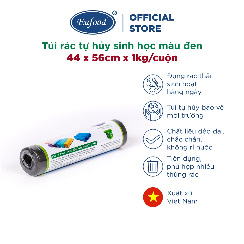 Túi Rác Tự Phân Hủy Sinh Học Màu Đen 44 x 56cm (0,5kg/cuộn) - EUFOOD Việt Nam - Túi Bảo Vệ Môi Trường