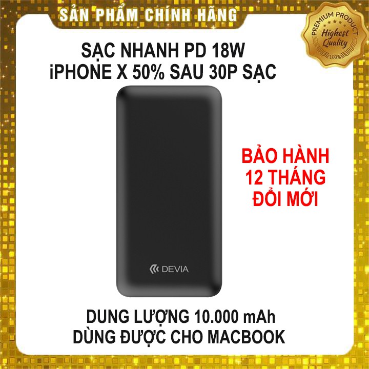 Pin dự phòng Devia 10.000 mAh sạc nhanh PD 18W chính hãng