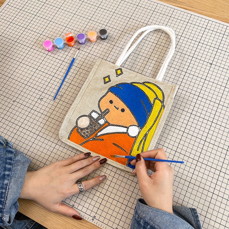 Túi tote canvas vẽ graffiti thủ công 2022 Túi tote vải lanh Túi mua sắm