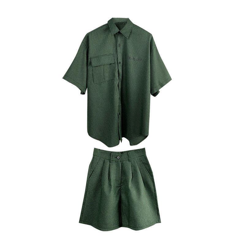Set Áo Sơ Mi Tay Ngắn Kẻ Sọc Caro Phối Quần Short Thời Trang Hè Trẻ Trung