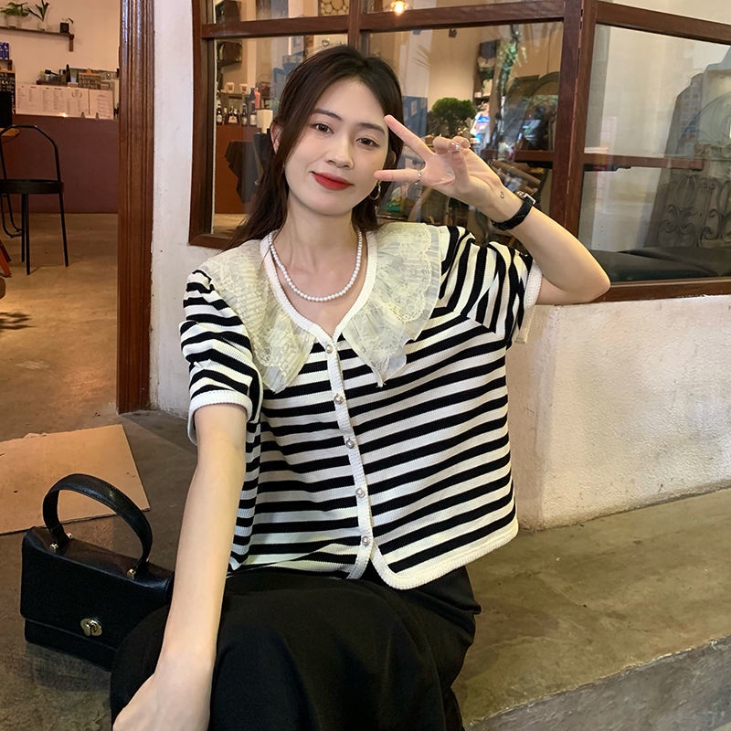 Áo Thun Ngắn Tay Cổ Búp Bê Phối Lưới Kẻ Sọc Phong Cách Hàn Quốc Cổ Điển Thời Trang Cho Nữ