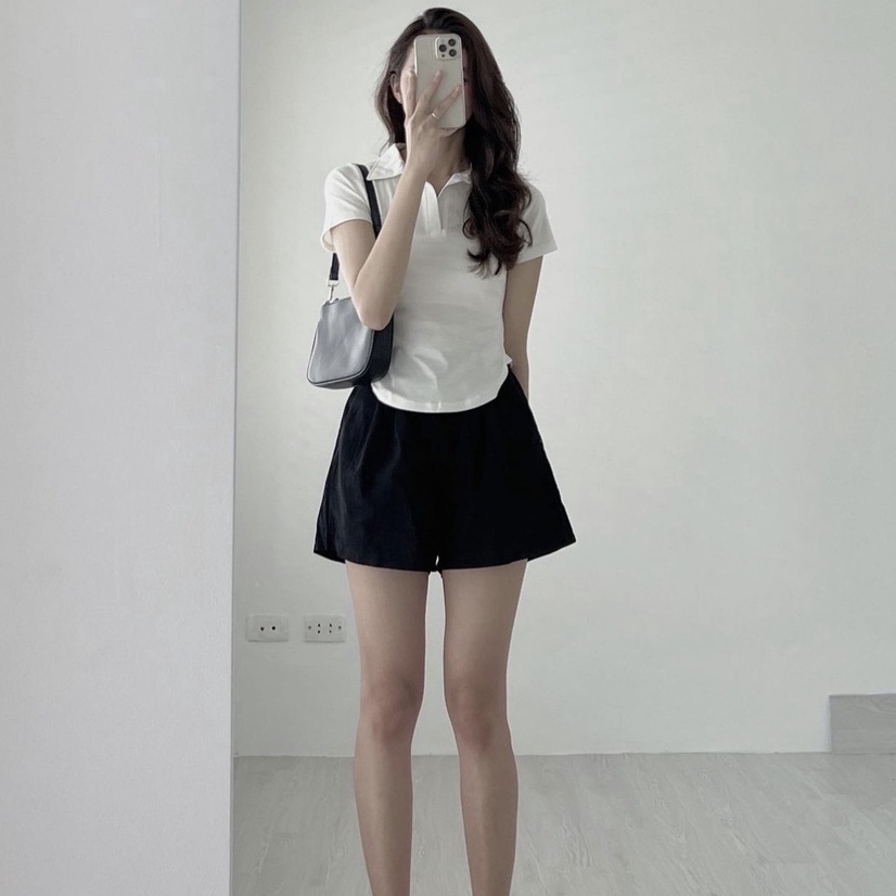 Set áo polo tay lỡ vạt bầu kèm quần đùi nữ - Bộ áo phông ôm cổ sơ mi cộc tay mix quần short trơn form rộng, HOT