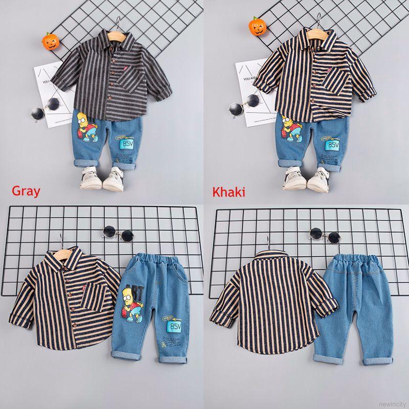 Bộ áo sơ mi kẻ sọc tay dài cổ gập + quần denim dài phong cách Âu Mỹ cho bé trai