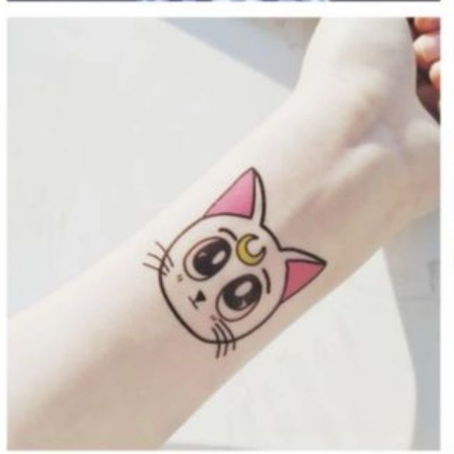 Hình xăm tatoo mèo thùy thủ mặt trăng h02. Xăm dán tatoo mini tạm thời, size &lt;10x6cm