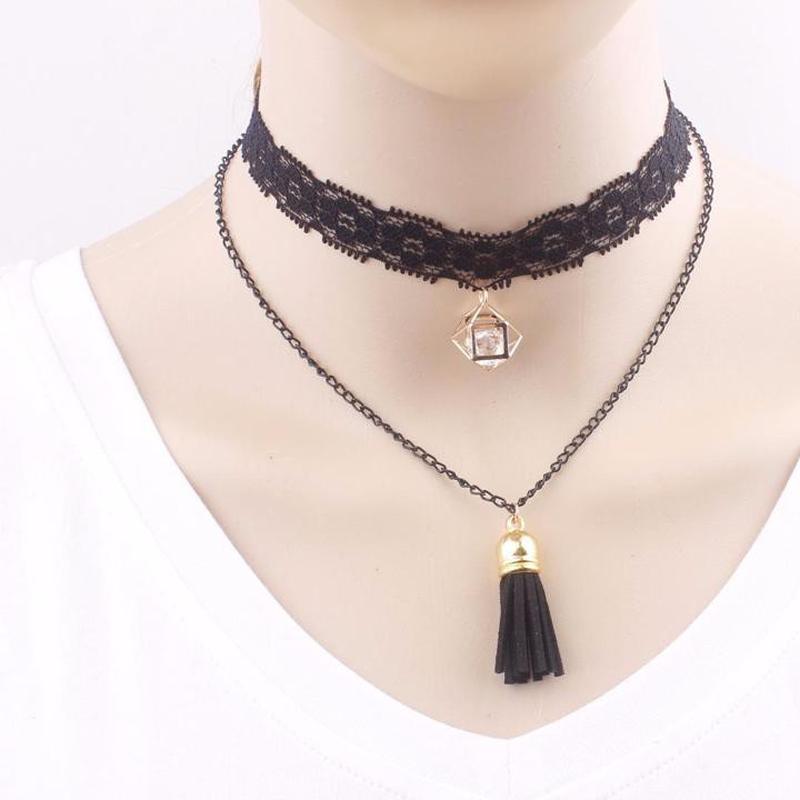 Choker vòng cổ dây chuyền tua rua đen kèm lục lăng quà tặng xinh xắn thời trang cá tính