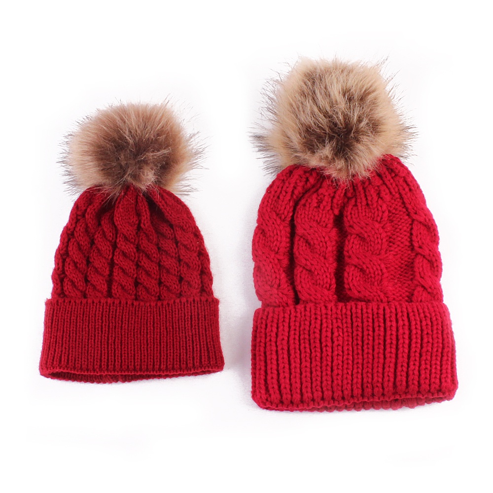 Bộ 2 Mũ Beanie Dệt Kim Phối Bóng Lông Mềm Mại Giữ Ấm Mùa Đông Cho Mẹ Và Bé
