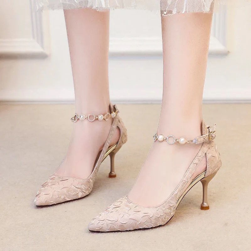 ✟Gentle net red one-word buckle French stiletto high heels pointed toe pearl temperament dress shoes 2021 new style