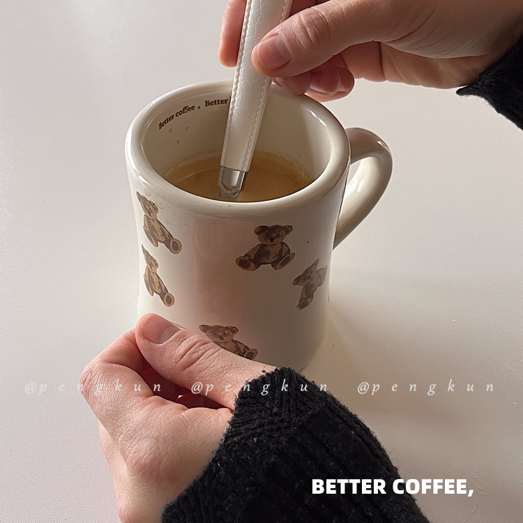 Cốc uống nước cà phê sữa cho bữa sáng kiểu Pháp bằng gốm họa tiết gấu kem mũm mĩm dễ thương