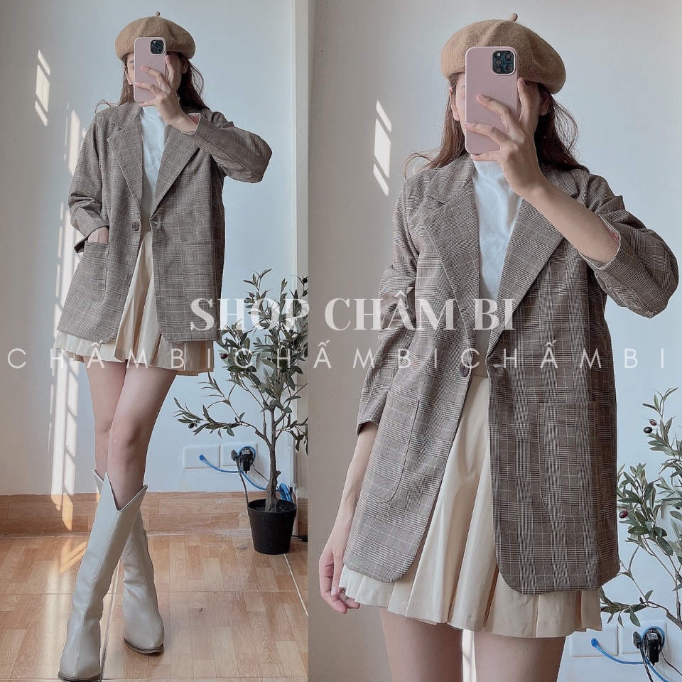 Áo khoác kiểu nữ A.267, Áo blazer 2 lớp 1 cúc thân kẻ nâu túi tròn dài tay style Hàn Quốc