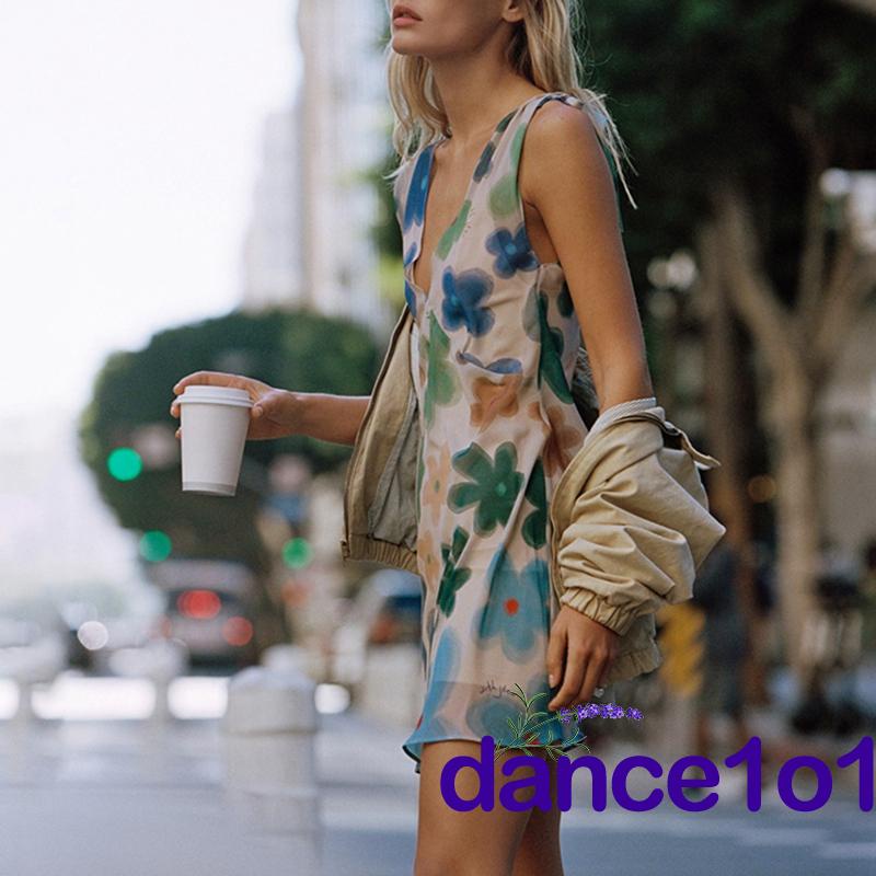 ❃Wa❈Đầm Sát Nách Hoạ Tiết Hoa Thiết Kế Cổ Chữ V Khoét Sâu Quyến Rũ