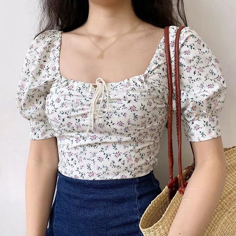 Áo Sơ Mi Tay Phồng In Họa Tiết Hoa Phong Cách Hàn Quốc Dành Cho Nữ