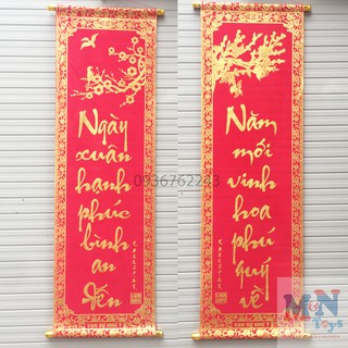 Bộ đôi câu đối đỏ chữ vàng dài 1m trang trí Tết (Ngày xuân hạnh phúc bình an đến - Năm mới vinh hoa phú quý về)