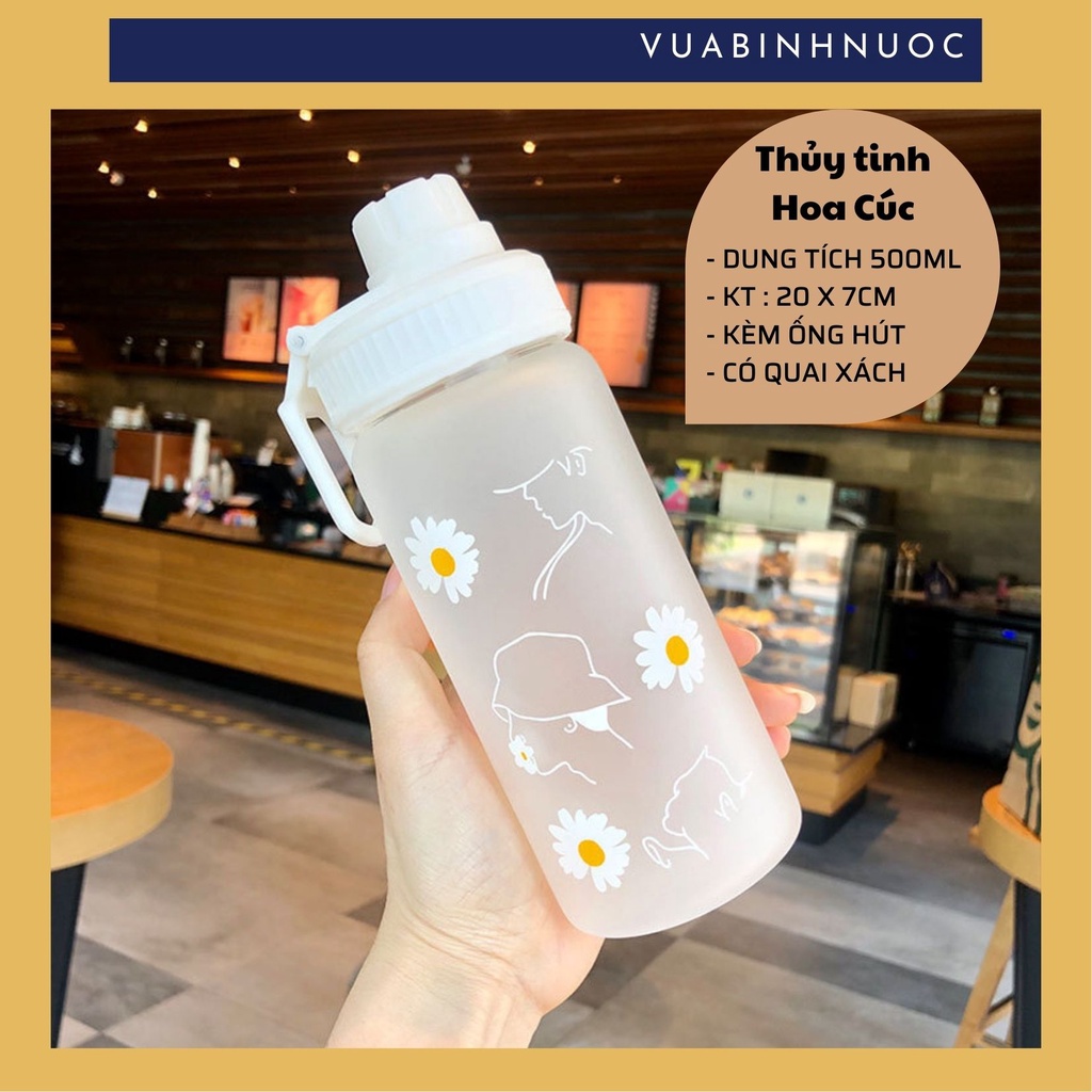 Chai bình thủy tinh Hoa Cúc 500ml + ống hút chuyên dụng