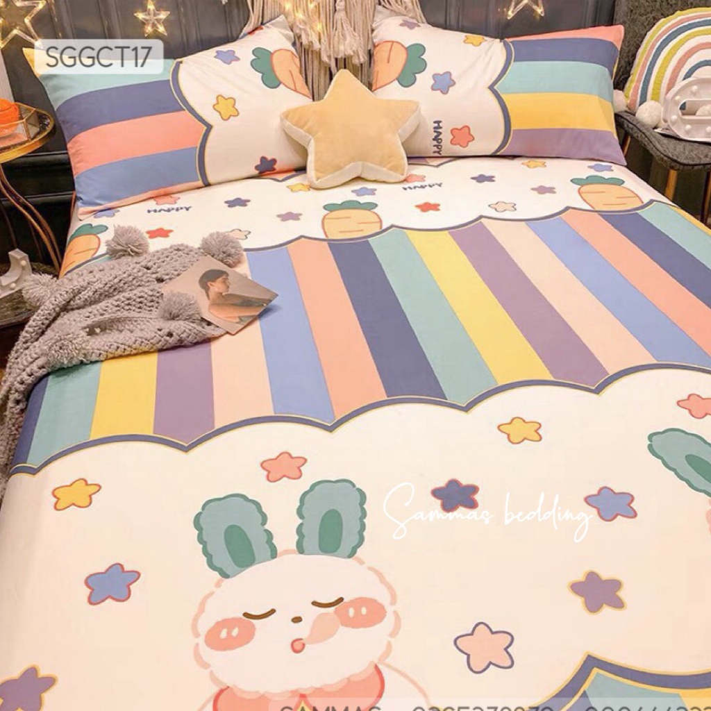 Bộ Ga Trải Giường 3 Món Cotton 100%, Drap Giường Kèm Vỏ Gối, Thoáng Mát Cho Bé