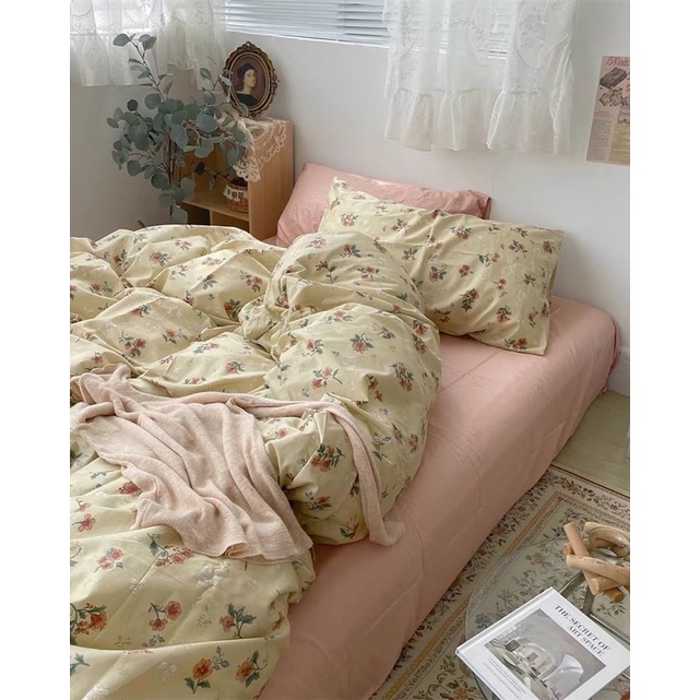 Set Bộ Vỏ Chăn Ga Cotton Living Hoa Nhí, Chất Cotton Mát, Thấm hút Tốt_shinbedding